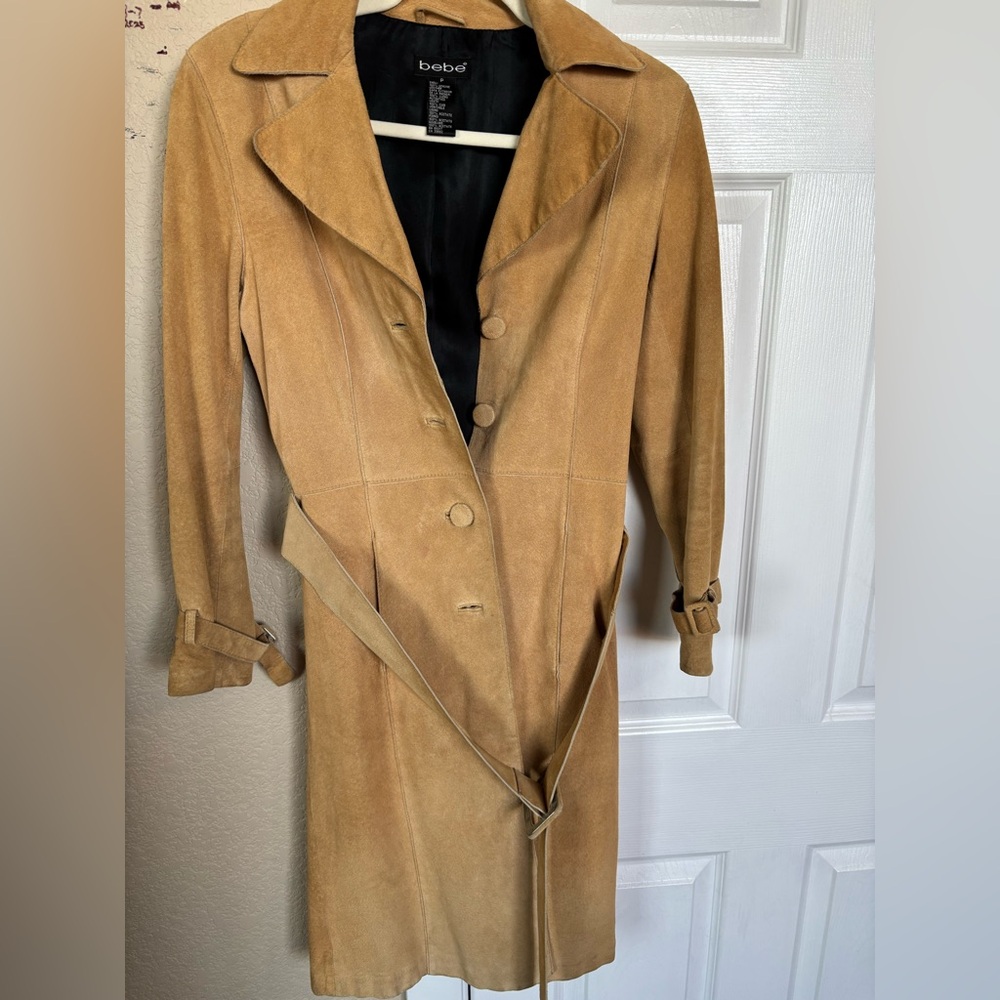 bebe Camel Suede Trench Coat with Belt